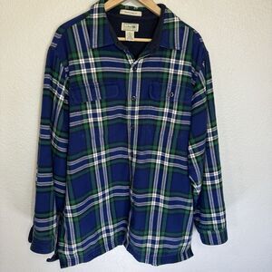 LL Bean Shirt Men L Blue Plaid Flannel Fleece Lined Button Front 250393 Outdoor